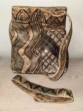 Vintage Jane Yoo hand-painted leather, wearable art, leather shoulder bag 1980s